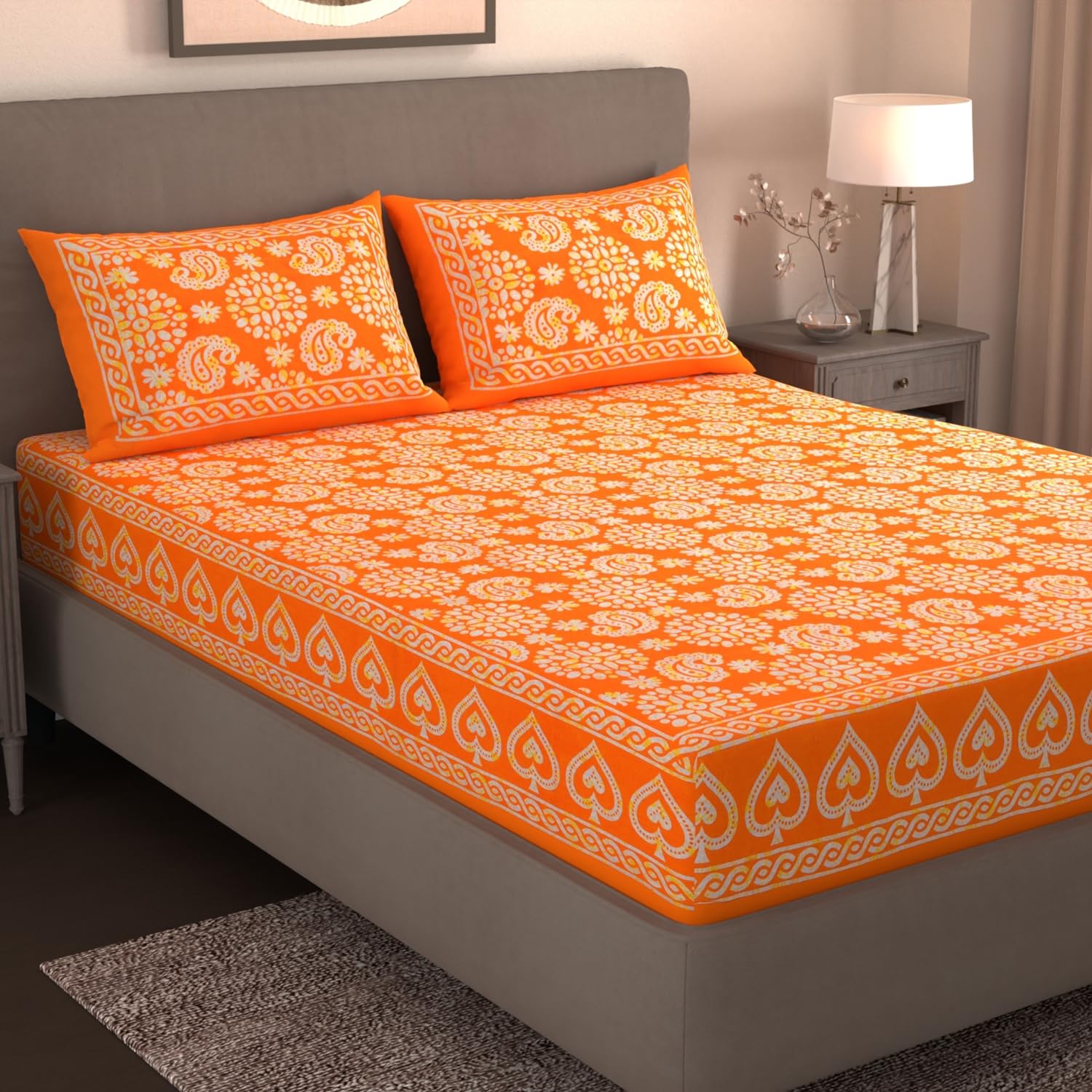 Handloom Printed Double Bedsheet For Queen Size With 2 Matching Pillow Cover | Size 90 X 100 Inches, Orange - Cotton Bedsheets For Double Bed | Soft & Smooth