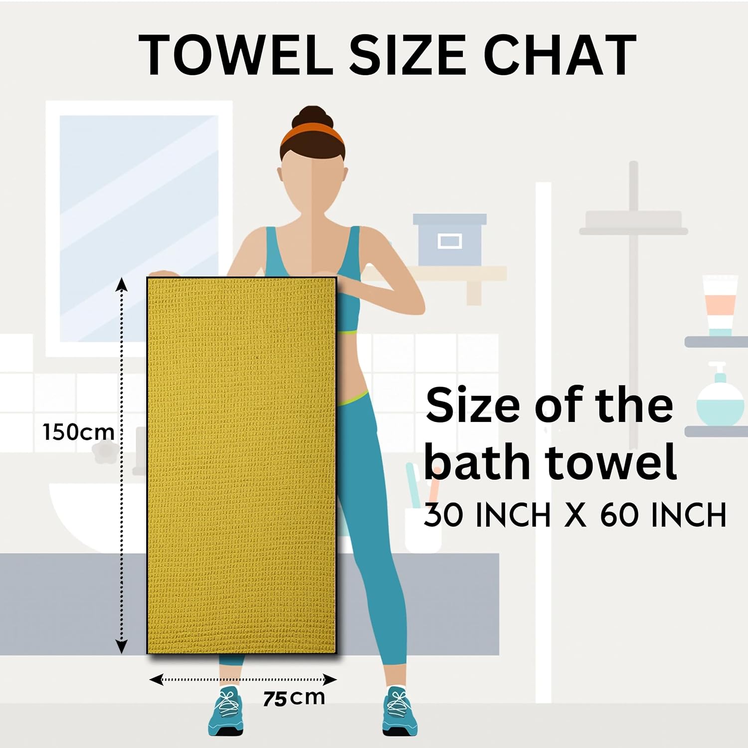 Drape&Luxe Gen-Z Towel Premium Waffle Cotton Bath Towel 600 Gsm | Super Soft & High Absorbency Towel, Quick Drying Large Size Towels (Buddha Gold) - Pack Of 1