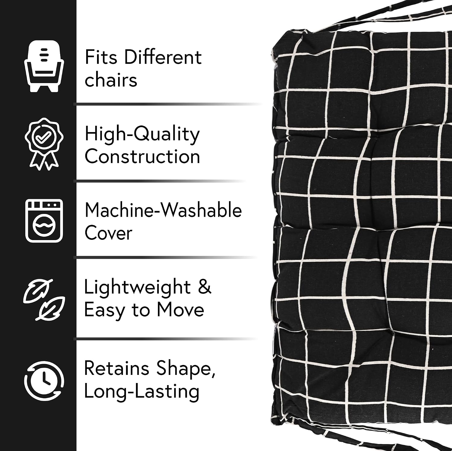 Soft Cotton Chair Cushions For Sitting, Pillow For Office Work & Posture Support - Black | Sitting Cushion & Back Rest For Chair | Dori Check Print, Pain Relief, Versatile Usage