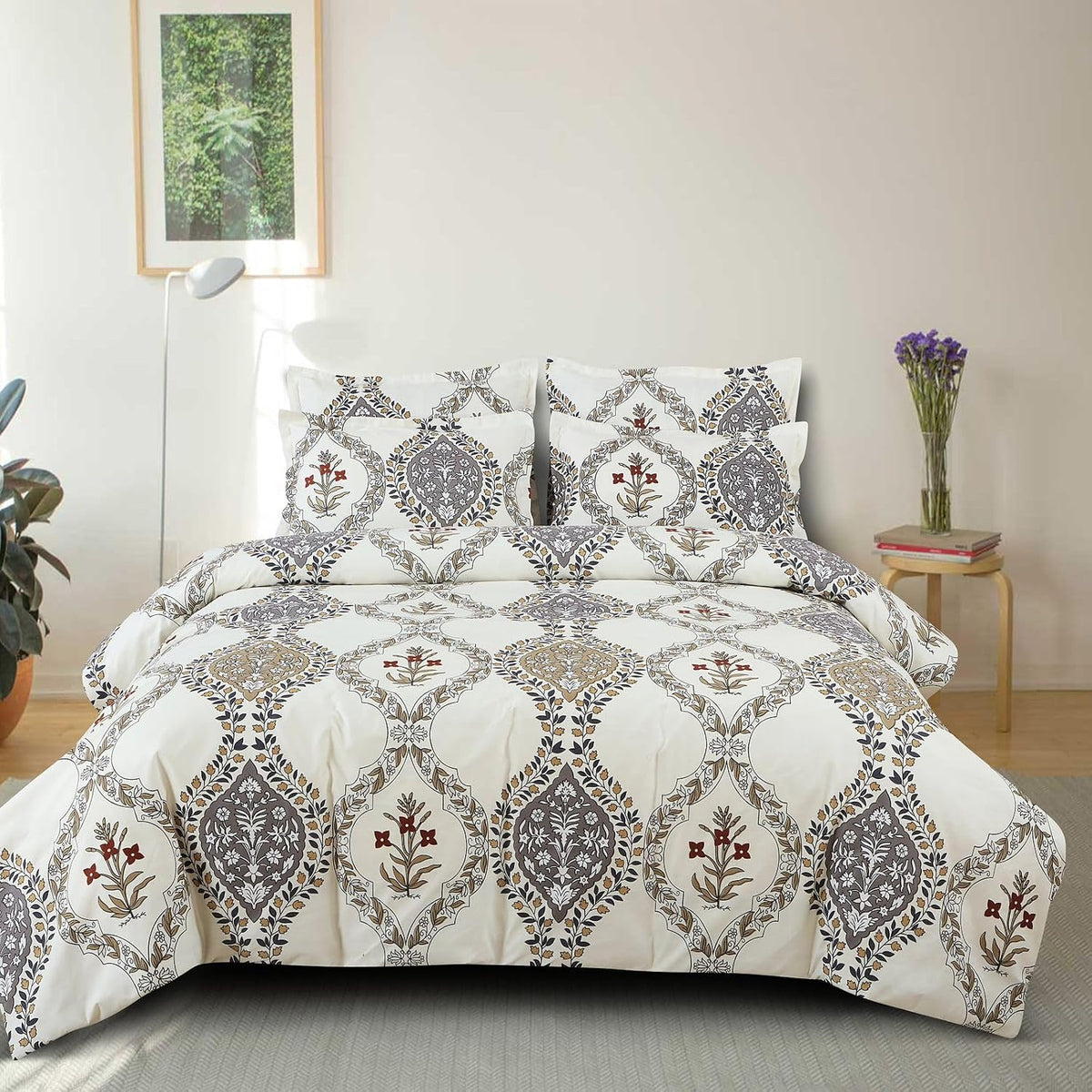 Cotton Elastic Fitted Printed Queen Size Double Bed Bedsheet With 2 Pillow Cover | 60 X 78 Inches, Cream - Soft Touch, Wrinkle Resistant, Skin Friendly