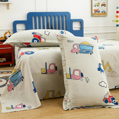 Kids Double Bed Bedsheet Set With 2 Pillow Covers - 88 X 100 Inches, Cream & Blue | Soft Bedding For Boys & Girls | Cartoon Design