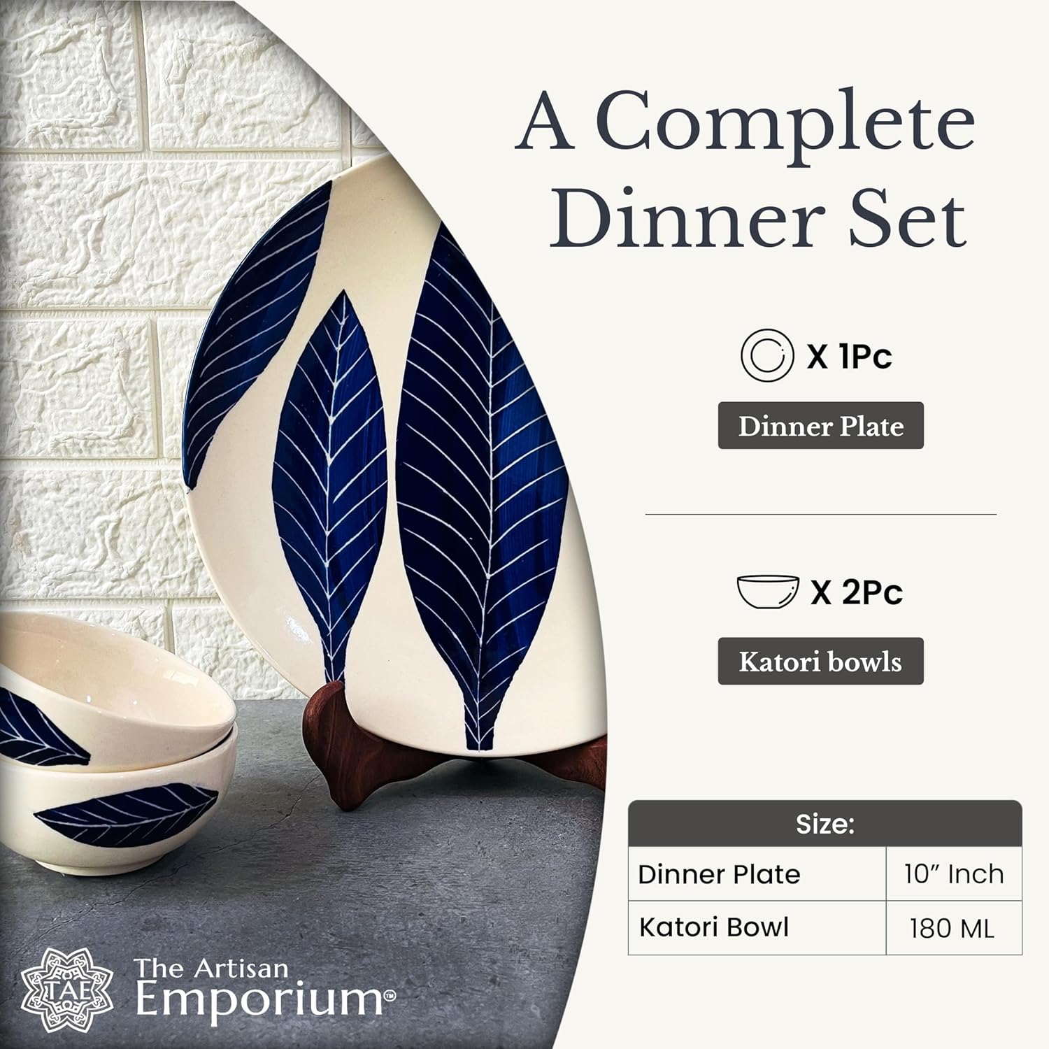 Patram Hand Painted Ceramic Dinner Set - 3 Pieces, White & Blue | 1 Dinner Plate + 2 Katori Bowls, 180ml Each Dinnerware Set | Serving For 1, Microwave Safe & Dishwasher Safe