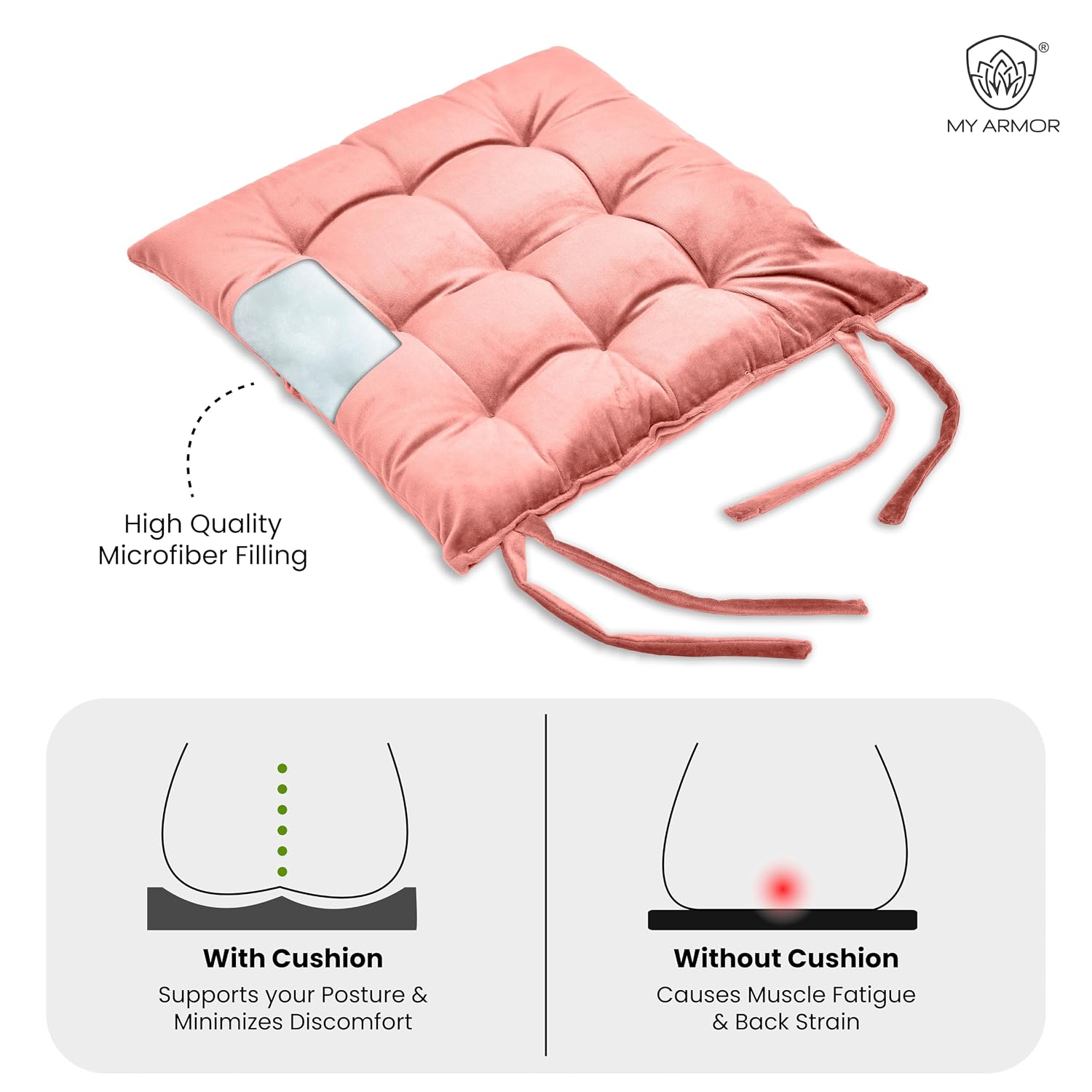 Square Chair Pads Cushion, For Comfortable Sitting, Peach Color - 40 X 40 Cm | Seat Cushions With Ties For Sitting, Pooja, Dining & Office Table | Furniture Cushion, Washable - Pack Of 2