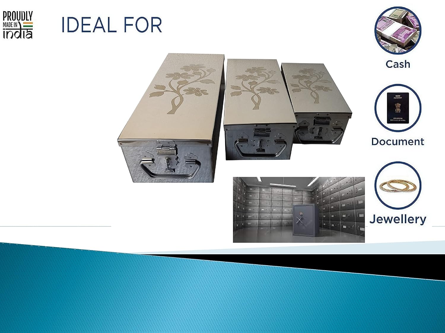 Stainless Steel Safe Locker Boxes For Cash Peti Pooja Jewellery Set Box, Pack Of 3, Size - 8 Inch, 10 Inch, 12 Inch With Laser Printed Sun Flower Design, Special Feature - Portable