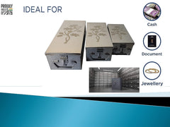 Stainless Steel Safe Locker Boxes For Cash Peti Pooja Jewellery Set Box, Pack Of 3, Size - 8 Inch, 10 Inch, 12 Inch With Laser Printed Sun Flower Design, Special Feature - Portable