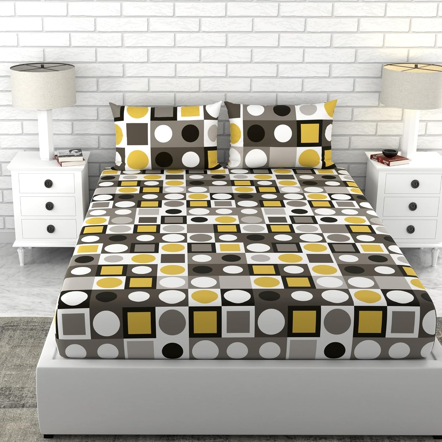 1 Double Bedsheet With 2 Pillow Covers - 88 X 90 Inches, Yellow & Grey | Queen Size Double Bedsheet Cotton | Ideal For Everyday Use