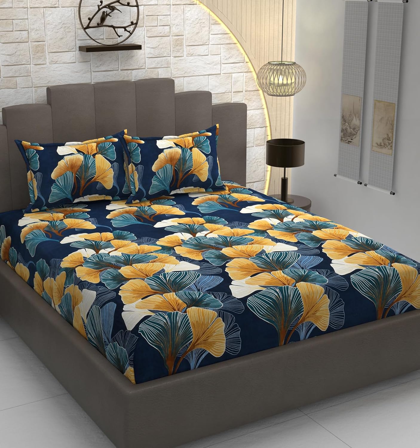 Premium Heavy Cotton Elastic Fitted Bedsheets With 2 King Size Pillow Covers | 72 X 78 Inches, Multicolor - Double Bed With All Around Elastic | 350 Thread Count