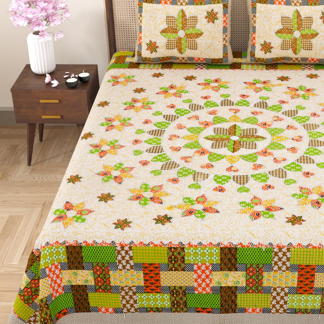 Jaipuri Cotton King Size Bedsheet With 2 Pillow Covers | 108 X 108 Inches, Multicolor | Traditional Printed Elephants Design | All Season Comfort & Festival Gift
