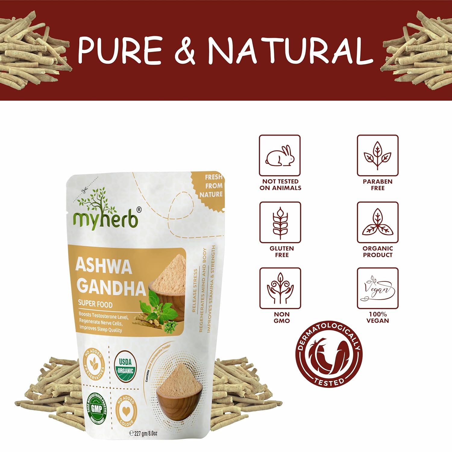 Myherb 100% Pure Natural Organic Ashwagandha Powder Withania Somnifera Ayurvedic Formula Support For Stress - Free Living | For Men & Women 227gm 0.5lbs