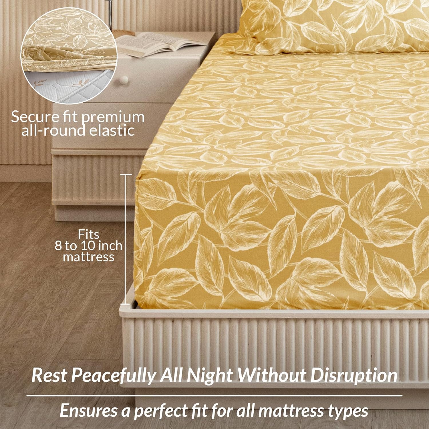 All Around Elastic Fitted Bedsheet For King Size With 2 Pillow Covers - 72 X 72 Inches, Golden | Soft & Breathable, For Bedroom & Gifting