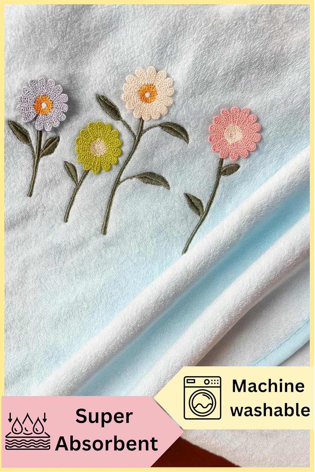 Divyam Floral Embroidered Bath Towel 350 Gsm | Premium Soft Microfiber Quick-Dry, Lightweight & Absorbent Towel With Pastel Daisy Design (Sky-Blue)