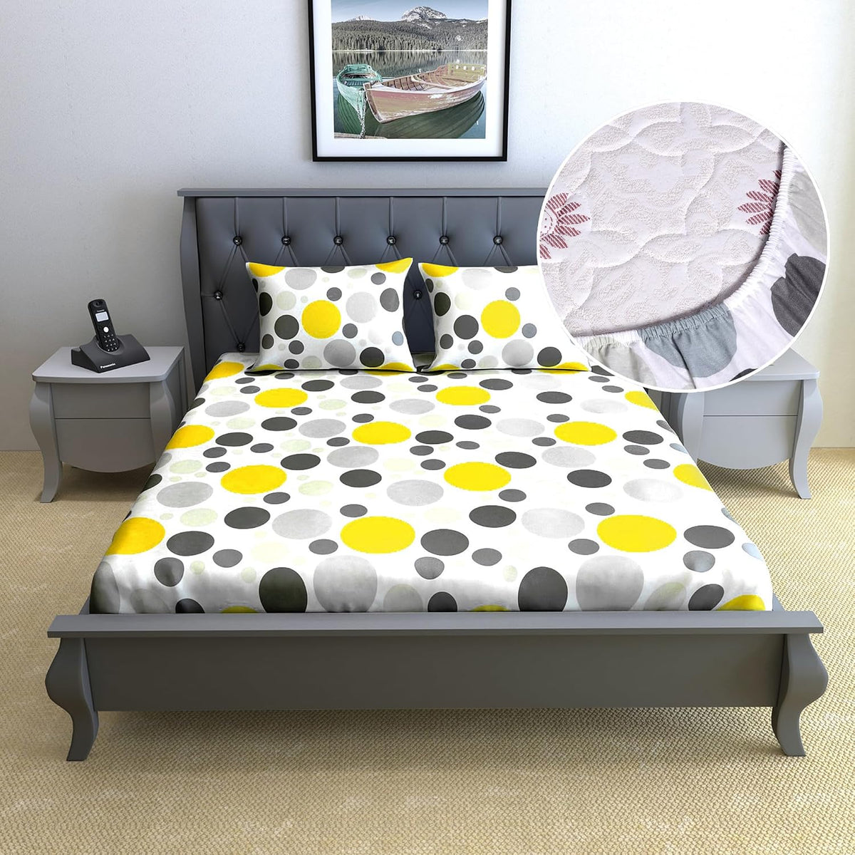 Double Bedsheet For Queen Size With 2 Pillow Covers - 59 X 78 Inches, Yellow & Grey | All Around Elastic Fitted Soft, Lightweight & Breathable Cotton Bedsheet