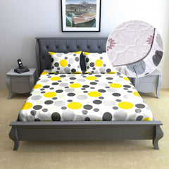 Double Bedsheet For Queen Size With 2 Pillow Covers - 59 X 78 Inches, Yellow & Grey | All Around Elastic Fitted Soft, Lightweight & Breathable Cotton Bedsheet