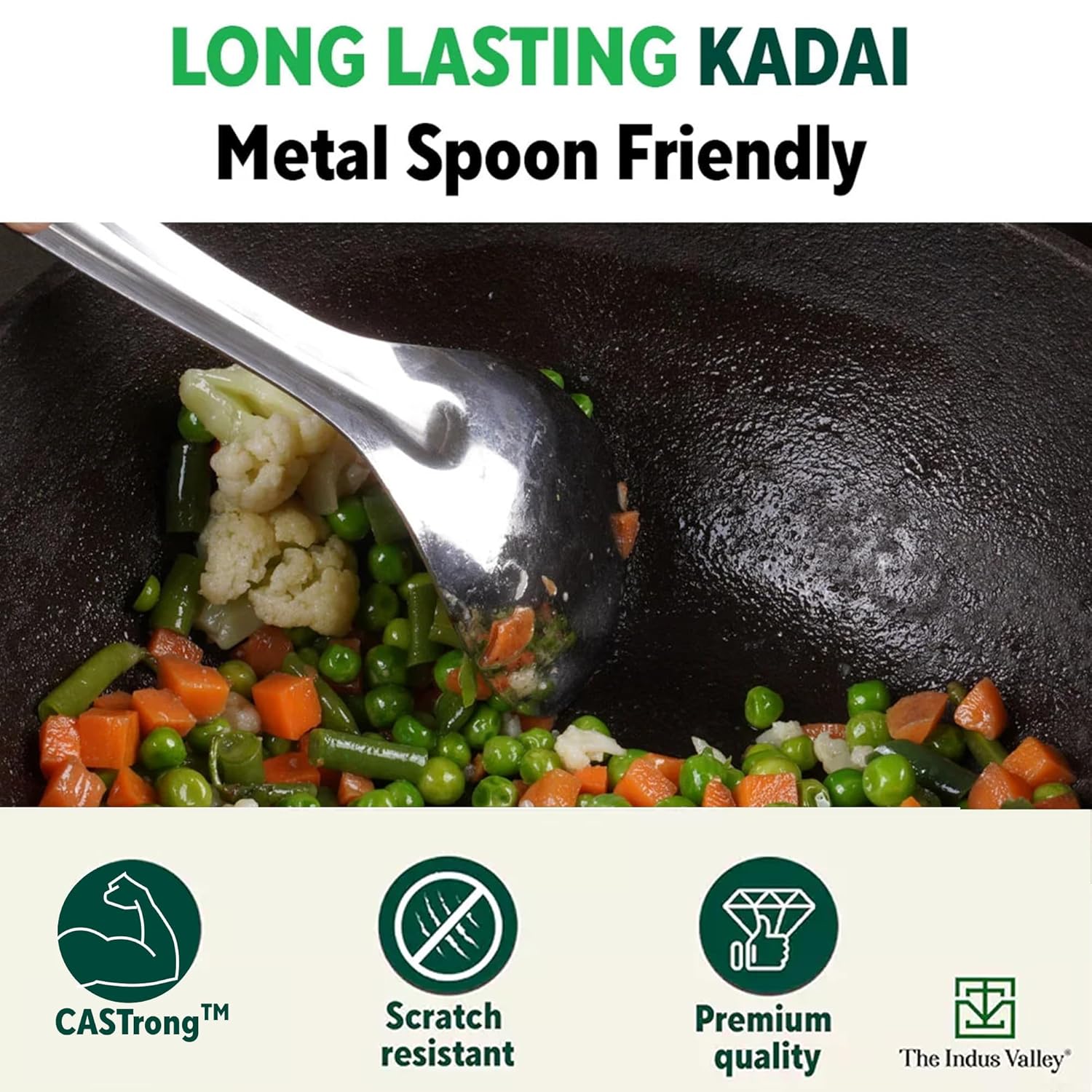 Pre-Seasoned Black Cast Iron Kadai With Curved Handle - Medium, 25cm, 9.8 Inch, 3.2 Liters, 3.3 Kg | Induction Friendly, Naturally Nonstick Kadhai, 100% Pure & Toxin-Free, No Chemical Coating