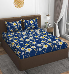 Printed Double Bedsheet With 2 Matching Pillow Covers - 72 X 78 X 10 Inches, Dark Blue | All Around Elastic Fitted King Size Bedsheets | Ideal For Home, Hotel, Bedroom