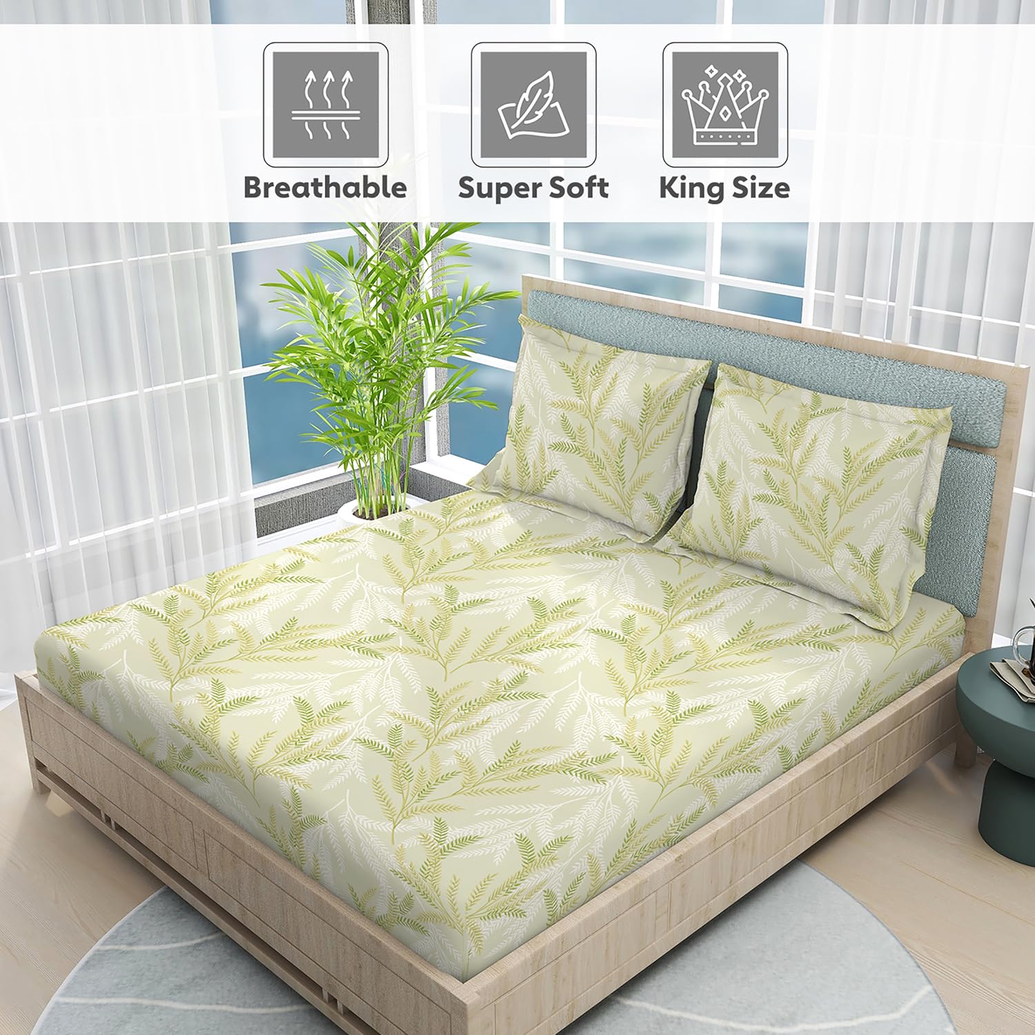 100% Cotton King Size Double Bedsheet Set With 2 Pillow Covers - 108 X 108 Inches, Green | Good For Villas, Resorts, Guest Houses, & Daily Home Use