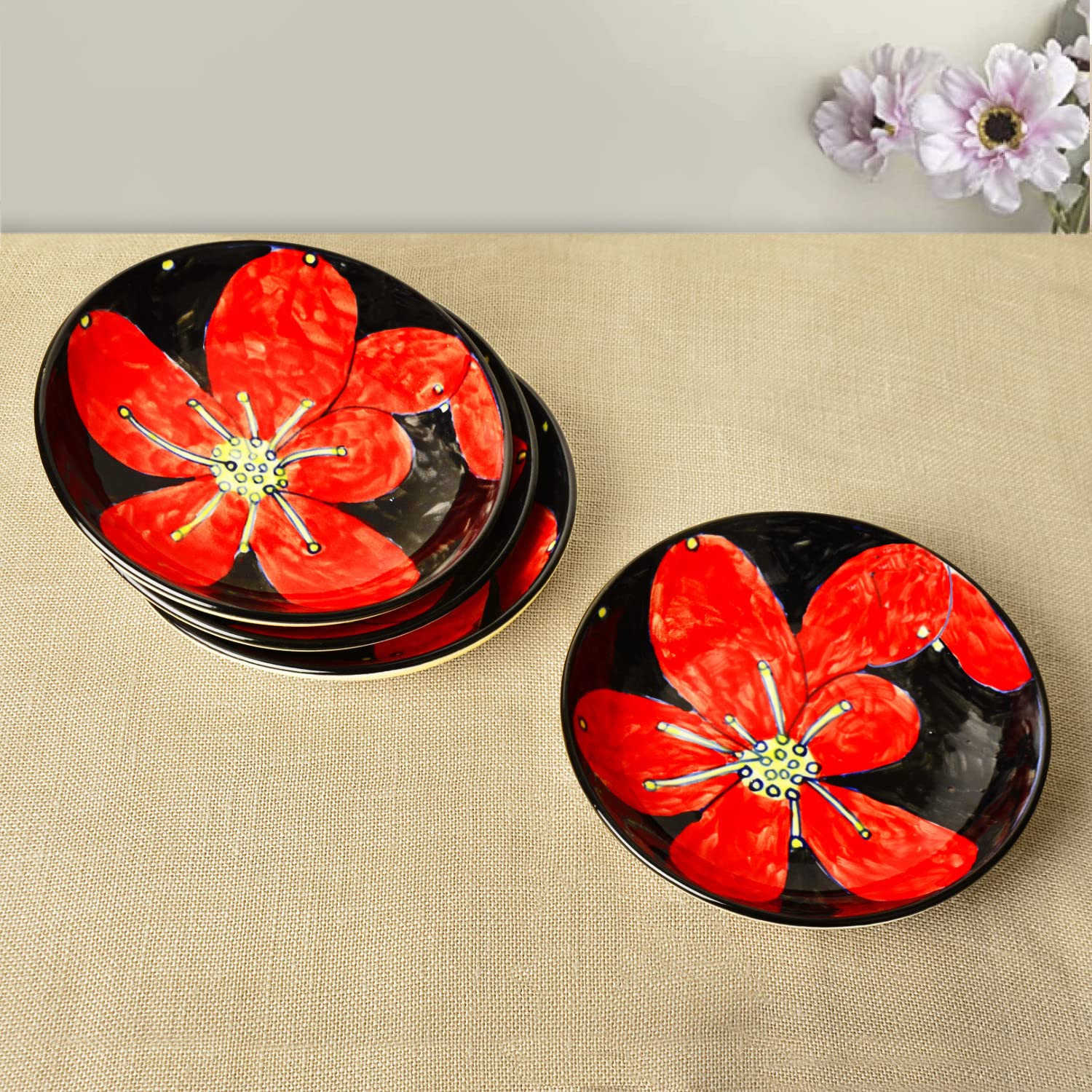 Hand Painted Ceramic Floral Round Pasta Serving Plates Set Of 4 - 8.5 Inches, Red & Black | Soup Plates - Ceramic Maggi Plates