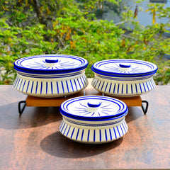 Hand Painted Ceramic Handi With Lid Set Of 3 - 1500ml, 1000ml & 700ml, White & Blue | Dinner Serving Set - Serving Pots, Biryani Handis | Gift Pack