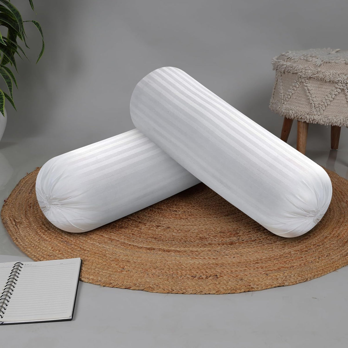 Microfiber Round Bolster Bed, Sofa, Diwan Pillow, Big Round Pillow, Size - 14x30 Inch | White, Light, Soft & Fluffy For Neck & Back Support, Neck Support, Adjustable, Washable - Set Of 2
