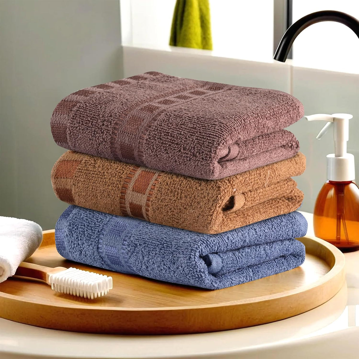 Kuber Industries Cotton Hand/Face Towels For Men & Women 600 Gsm | Easily Washable Workout Gym Napkins For Men - Dark Blue-Golden & Brown (Pack Of 3)