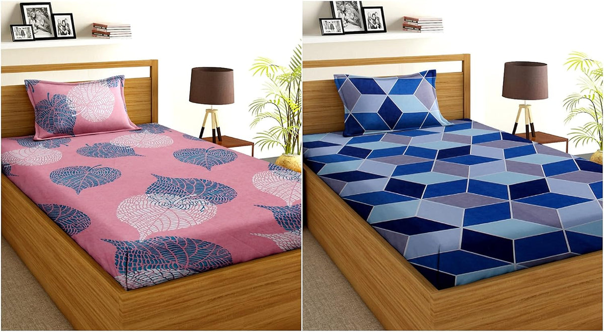 Combo 2 Single Bedsheet With 2 Pillow Covers - 60 X 90 Inches, Multicolor | Perfect For Everyday Home Use, Hostels - Long Lasting Durability & Superior Comfort