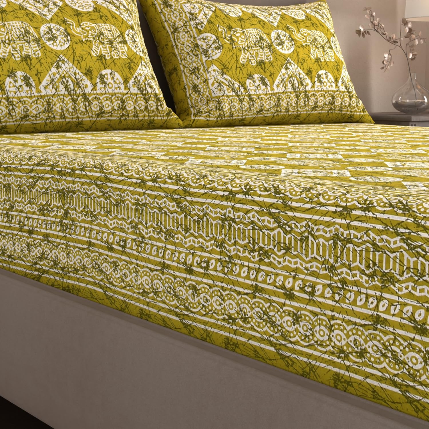 Handloom Printed Double Bedsheet For Queen Size With 2 Matching Pillow Cover | Size 90 X 100 Inches, Mustard Green - Cotton Bedsheets For Double Bed | Soft & Smooth