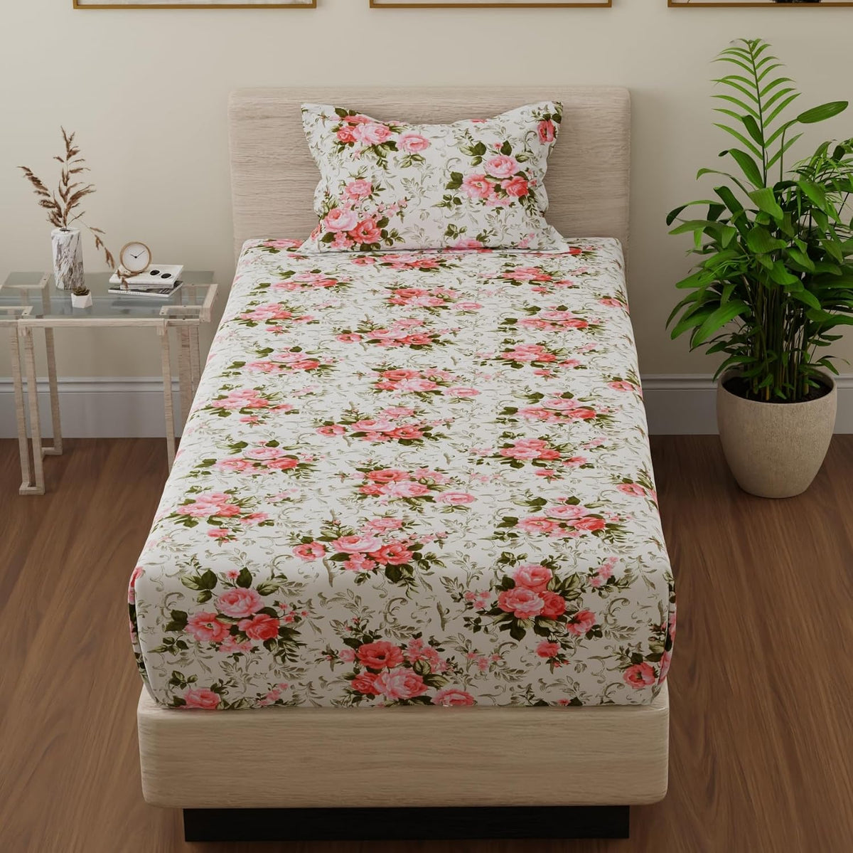 Single Bedsheet With 1 Pillow Cover - 55 X 88 Inches, White & Pink | Lightweight, Soft & Breathable - Perfect For Gifting On Weddings Bedsheet
