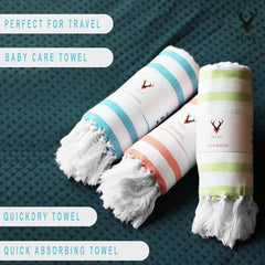 Patvy Bath Towels 490 Gsm | Light Weight Turkish Style Stripe Bath Towels For Men & Women Large Size (Green & Orange)- Pack Of 2
