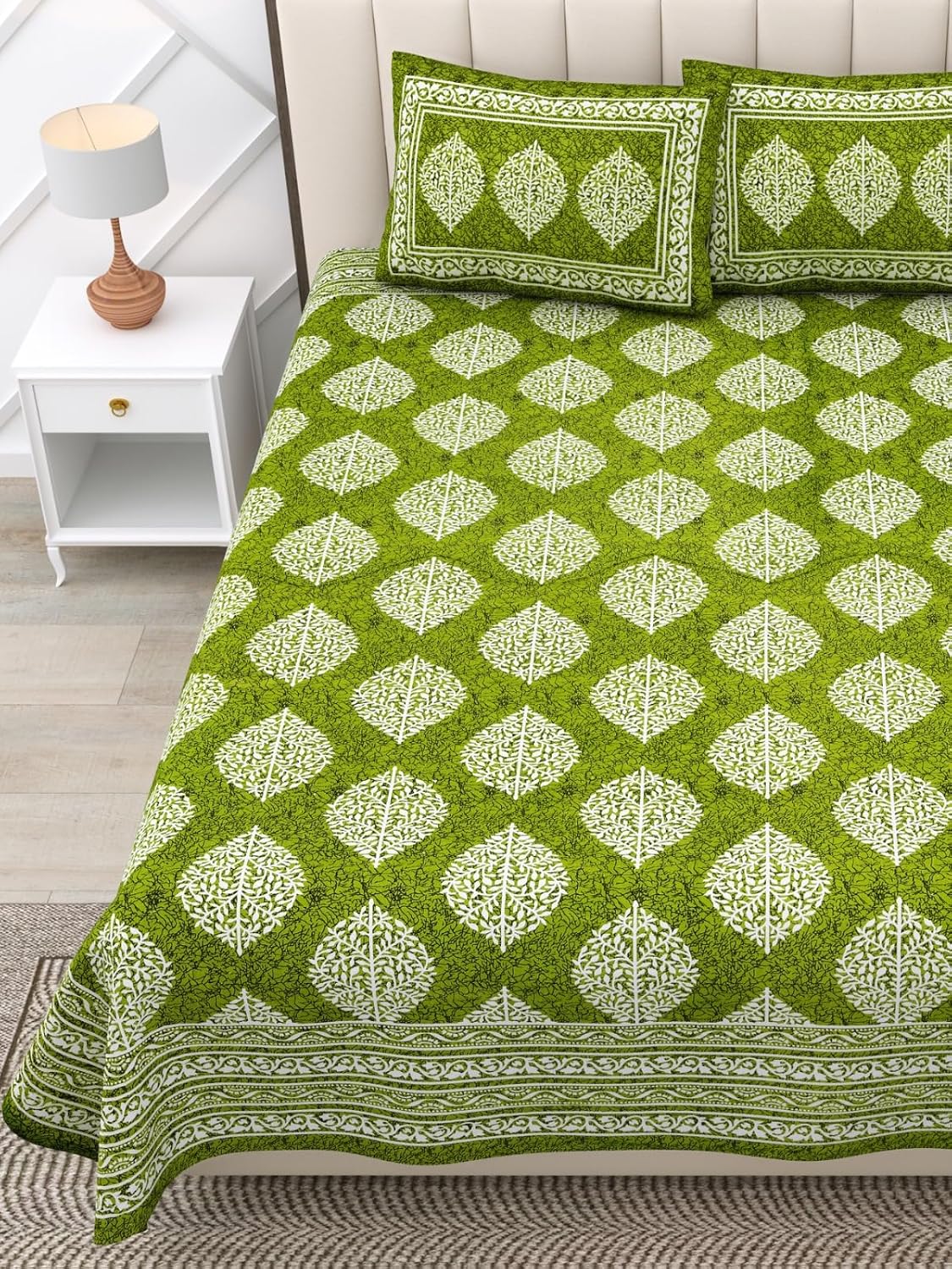 Cotton Double Bedsheet For King Size With Two Matching Pillow Covers - 90 X 94 Inches, Green | Super Soft Breathable & Wrinkle Free