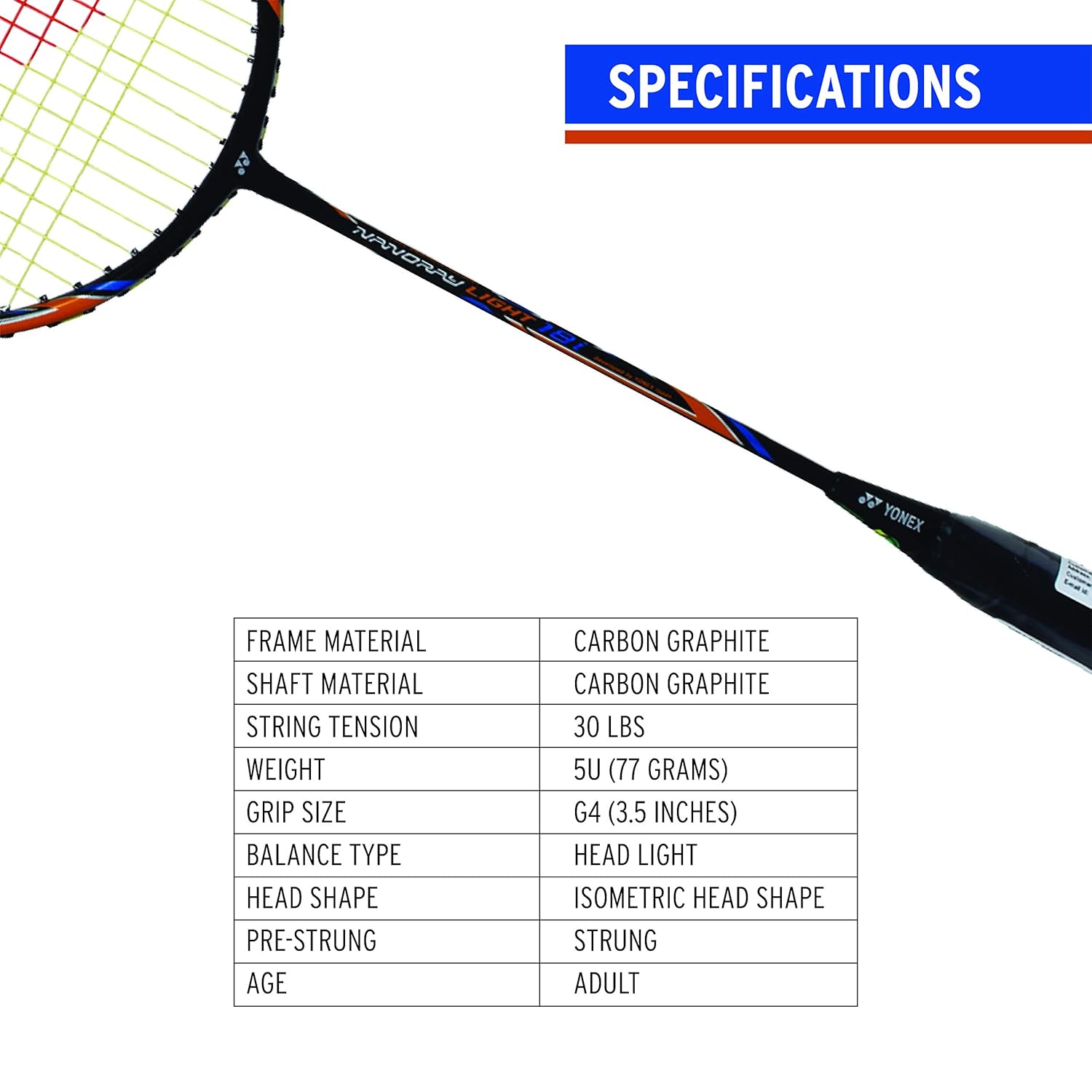 Yonex NANORAY LIGHT 18i Graphite Badminton Racquet With Full Cover 77 Grams, 30 Lbs Tension, Colour - Black, Grip Size - G4