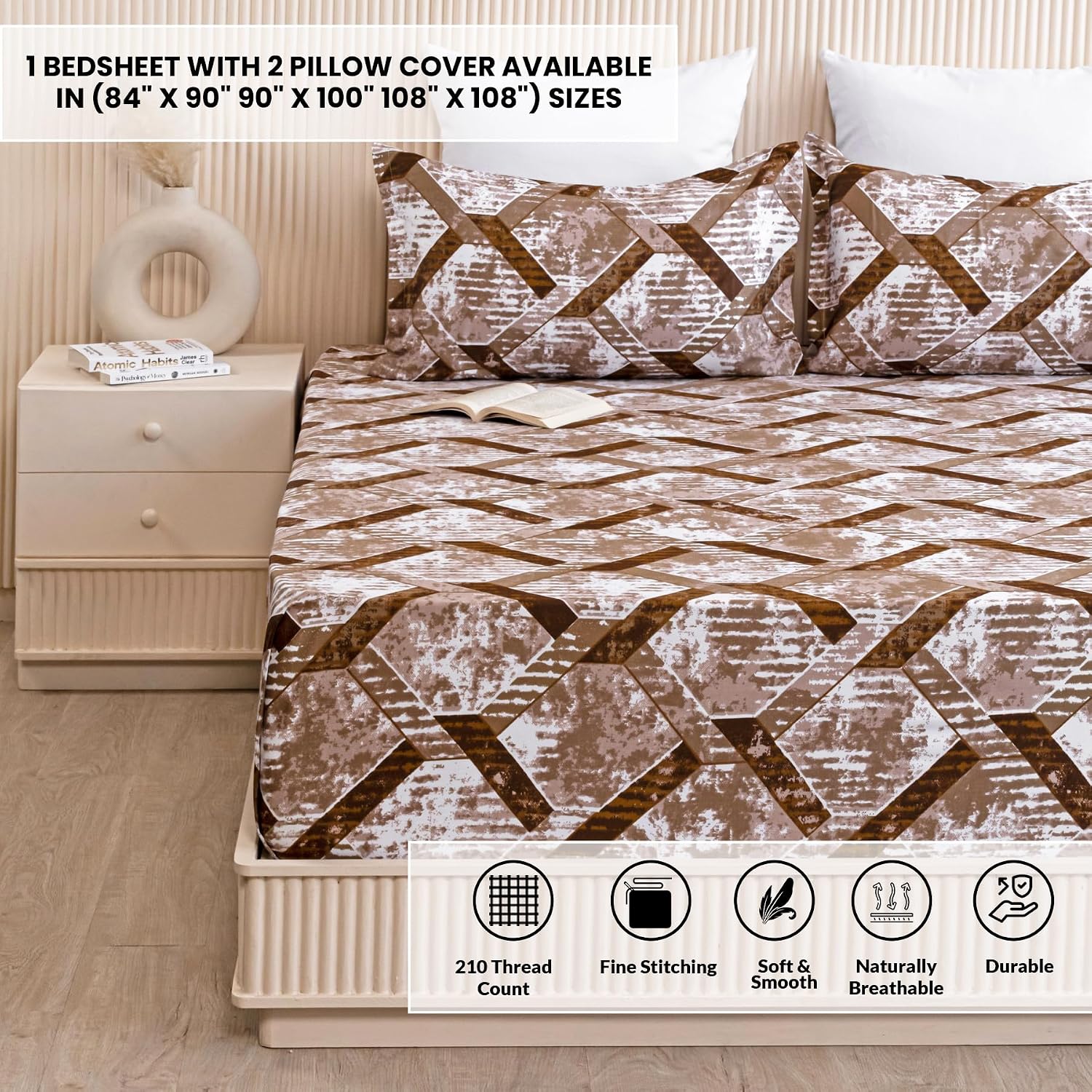 Brown King Size Bedsheet With 2 Pillow Covers - 108 X 108 Inches | Luxurious Printed Flat Sheets | Perfect For Home Decor & Gifting