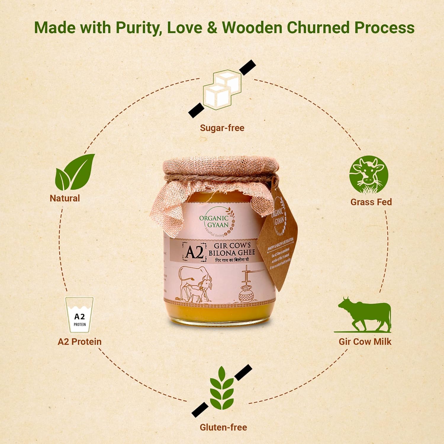 Natural A2 Gir Cow'S Bilona Ghee By Organic Gyaan | Good Source Of Healthy & Nutrients Desi Cow Ghee Perfect For Sweets | (500ml) 16.9 Ounce | Jar Pack