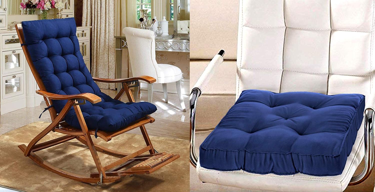 Microfiber Soft Cushion, Long & Square Chair Pad Cushion, Navy Blue - 46 X 16 Inch | For Indoor & Outdoor Home Office Décor | Rocking Chairs Pad, Washable, Model No - Kubmart11925, Set Of 2