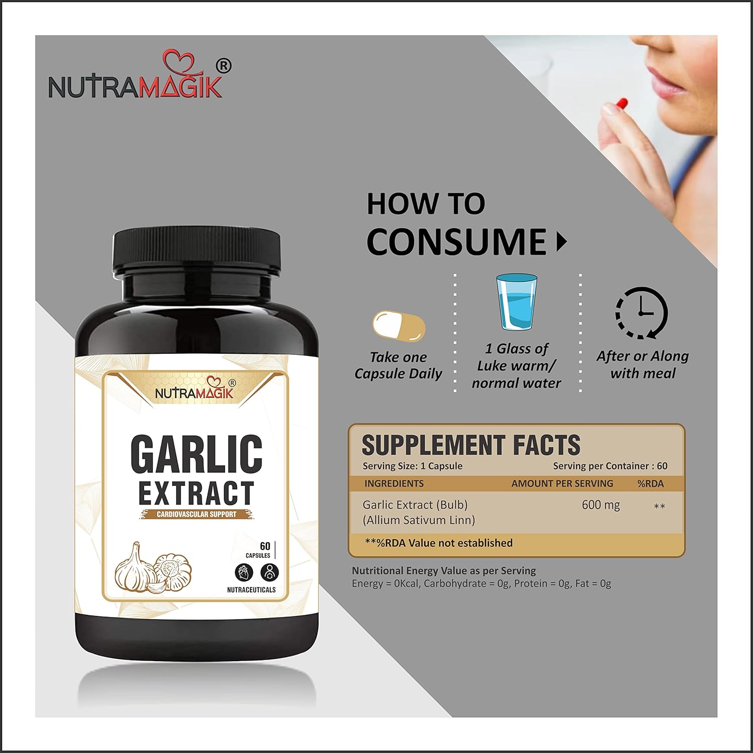 Nutramagik Garlic Extract For Balance Cholesterol Level, Support Heart Health, Relieves Gas, Improves Digestion & Helps In Heal Stomach Problems | 60 Capsules 100gm 0.2lbs