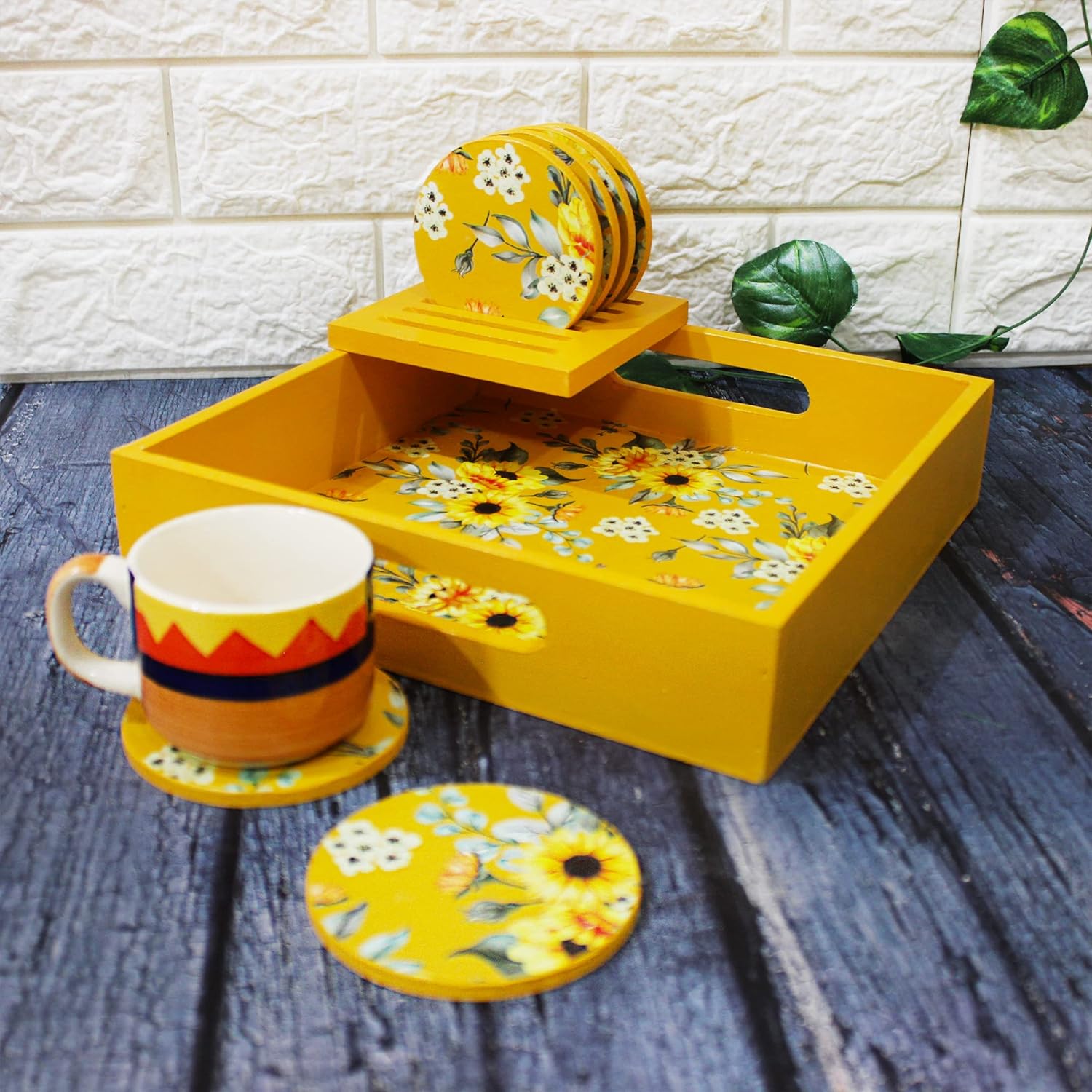 Sunflower Yellow Wooden Tray With Coaster Set For Kitchen, Dining Table | 1 Square Serving Tray, 10 X 10 Inches + 6 Round Coasters, 3.5 Inches