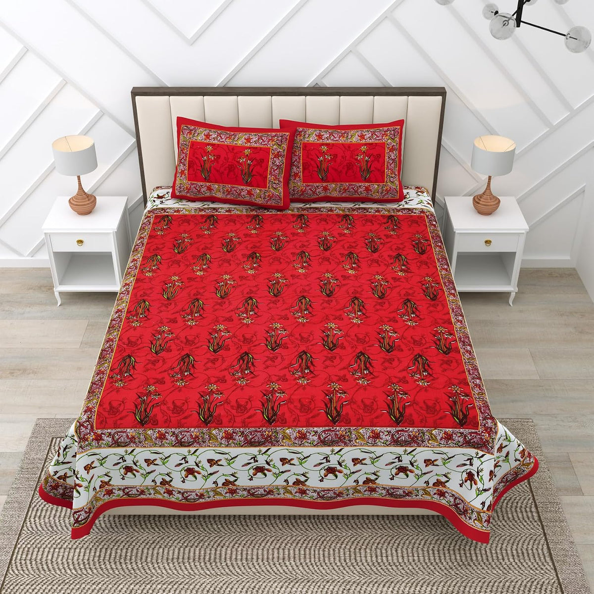 Jaipuri Bedsheets For Double Bed King Size With 2 Pillow Covers - 90 X 100 Inches, Red | Soft & Durable For Everyday Use & Bedroom - All Season Comfort