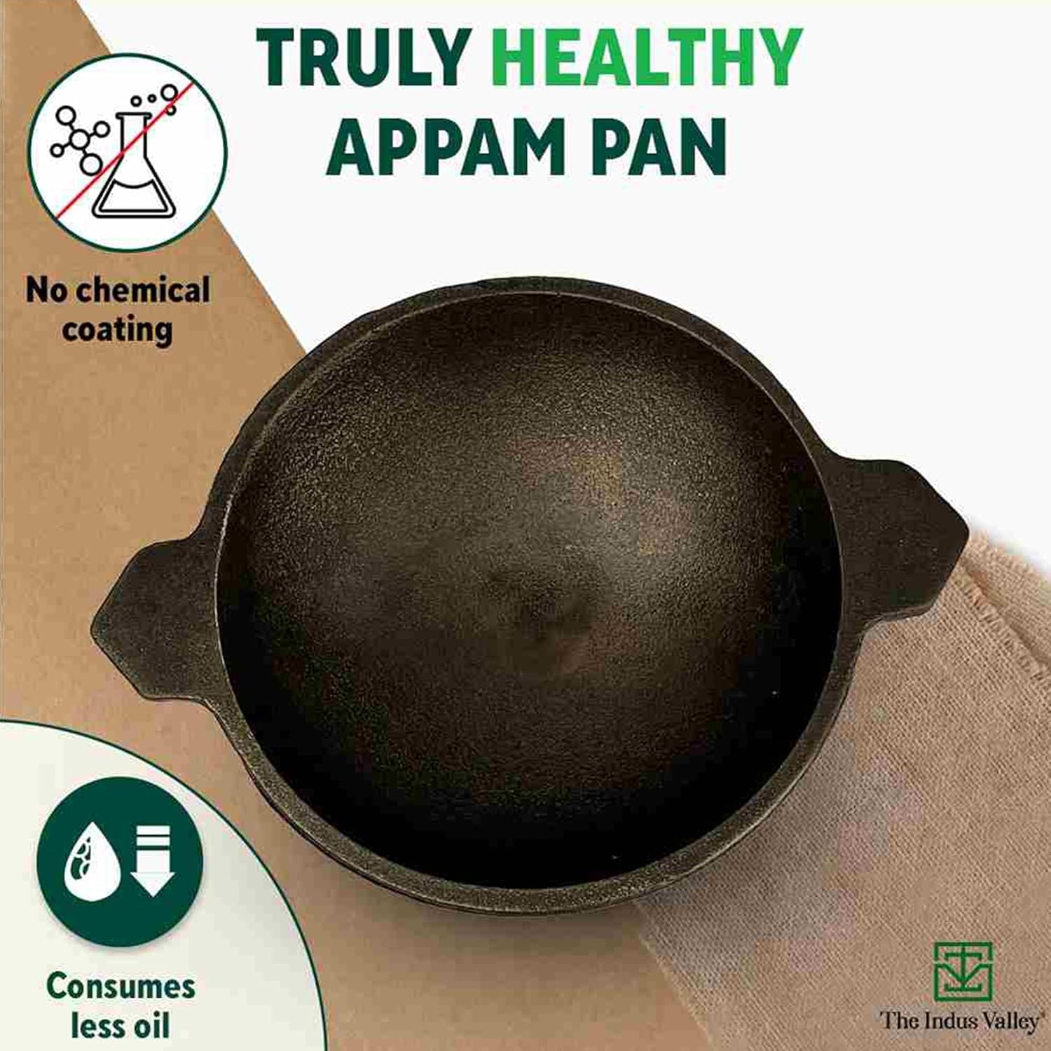 Pre-Seasoned Black Cast Iron Appam Pan - 22 Cm, 8.7 Inch, 1.7 Kg | Gas Compatible, Nonstick Appam Pan, 100% Pure & Toxin-Free, No Chemical Coating