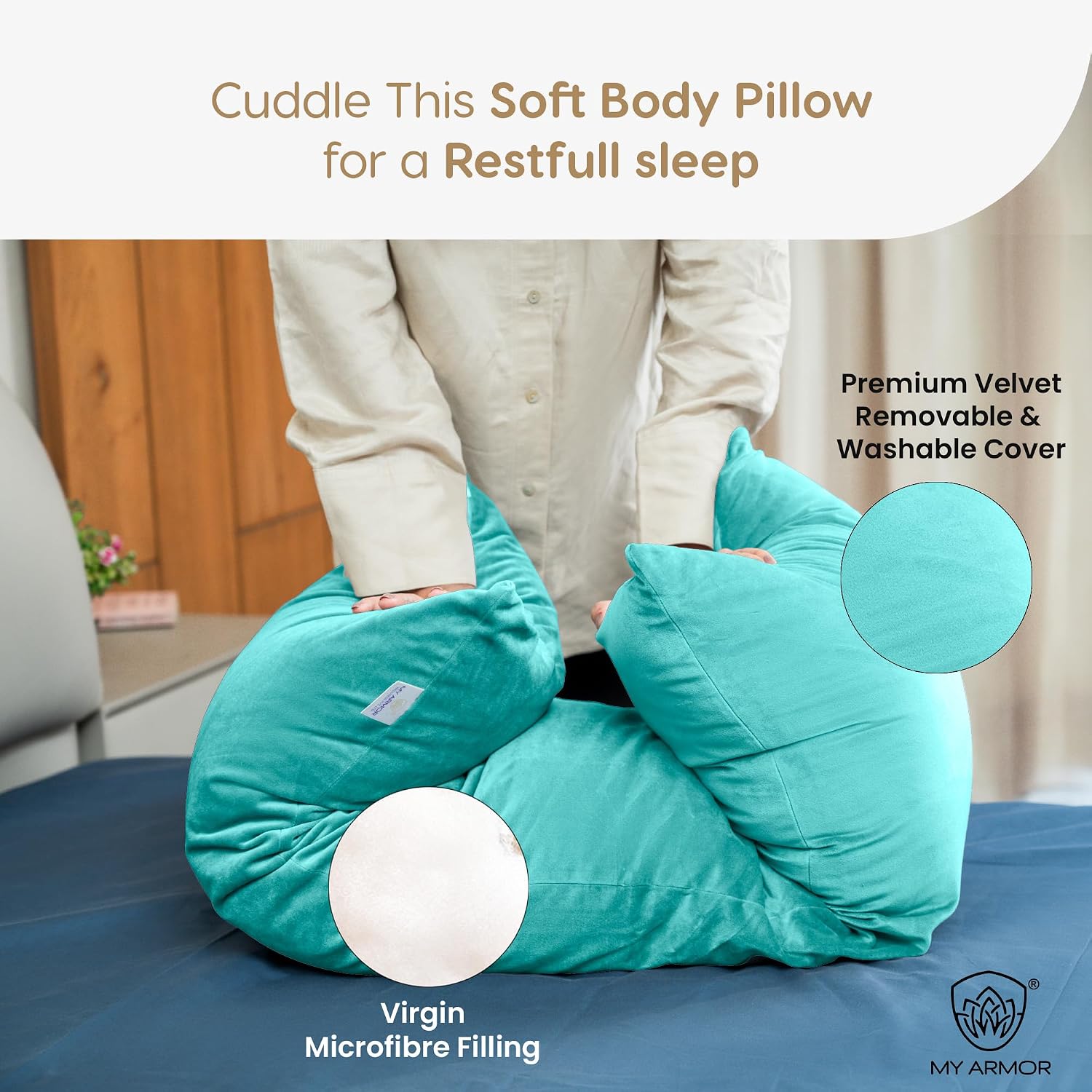 Microfiber Body Side Pillow For Sleeping For Pregnancy, Aqua Green - 53 X16 Inches | Long Cuddle Pillow For Relaxing, Washable, Premium Velvet Outer Cover With Zip, Adjustable Pillow