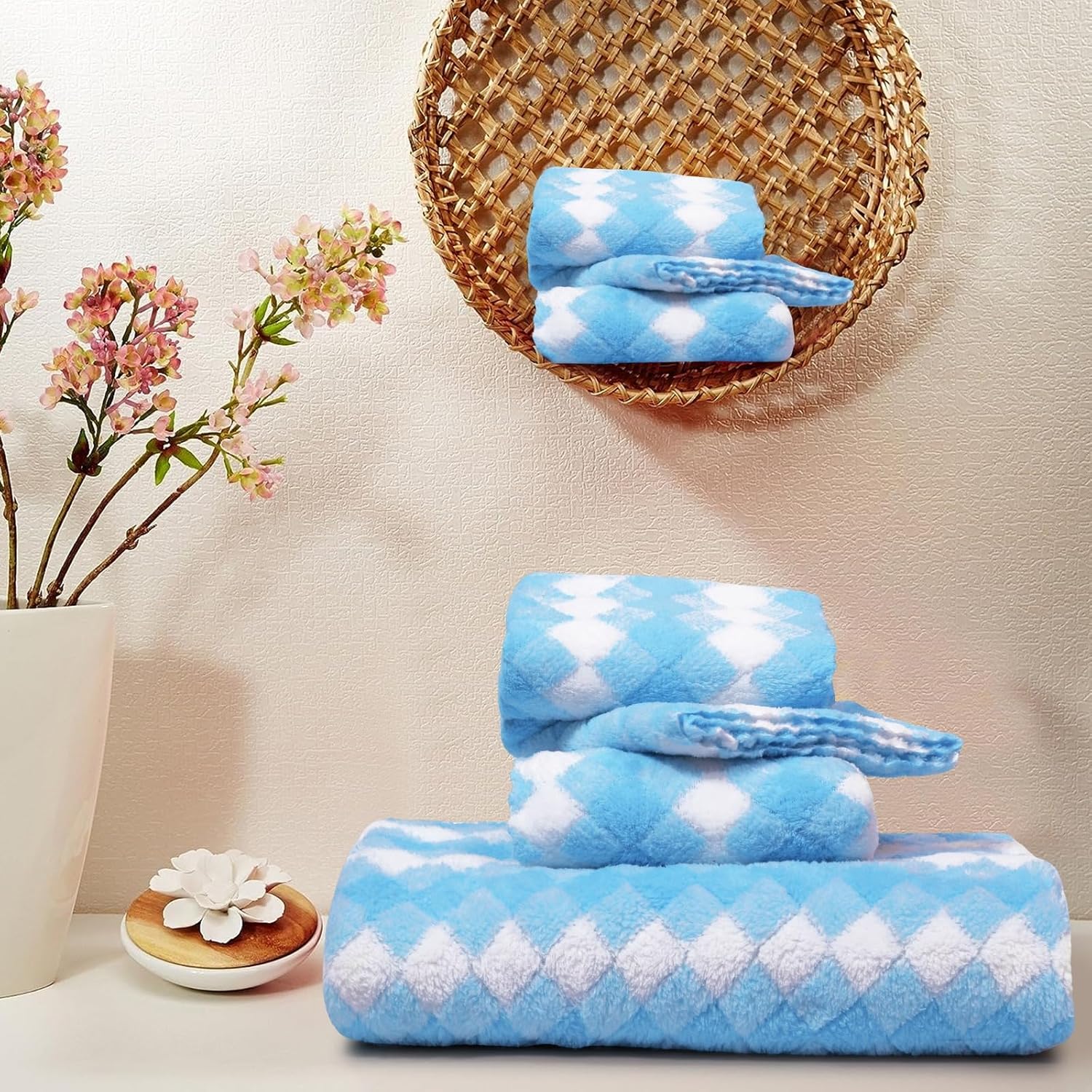 HomeCloud Microfiber Soft & Fuffy Bath & Face Towel 400 Gsm With Hanging Loop | 3x Softer Than Cotton Towels | Highly Absorbent Set Of 2 (Checks Blue)