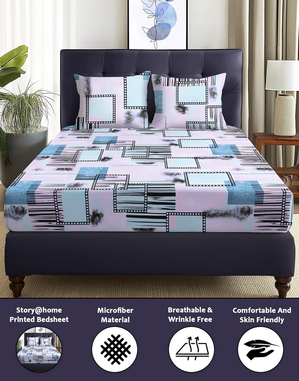 Double Bedsheet With 2 Pillow Covers - Queen Size 88 X 98 Inches, Pink & Black | Perfect For Home Decor & Gifting | 4 Pcs Bedding Set