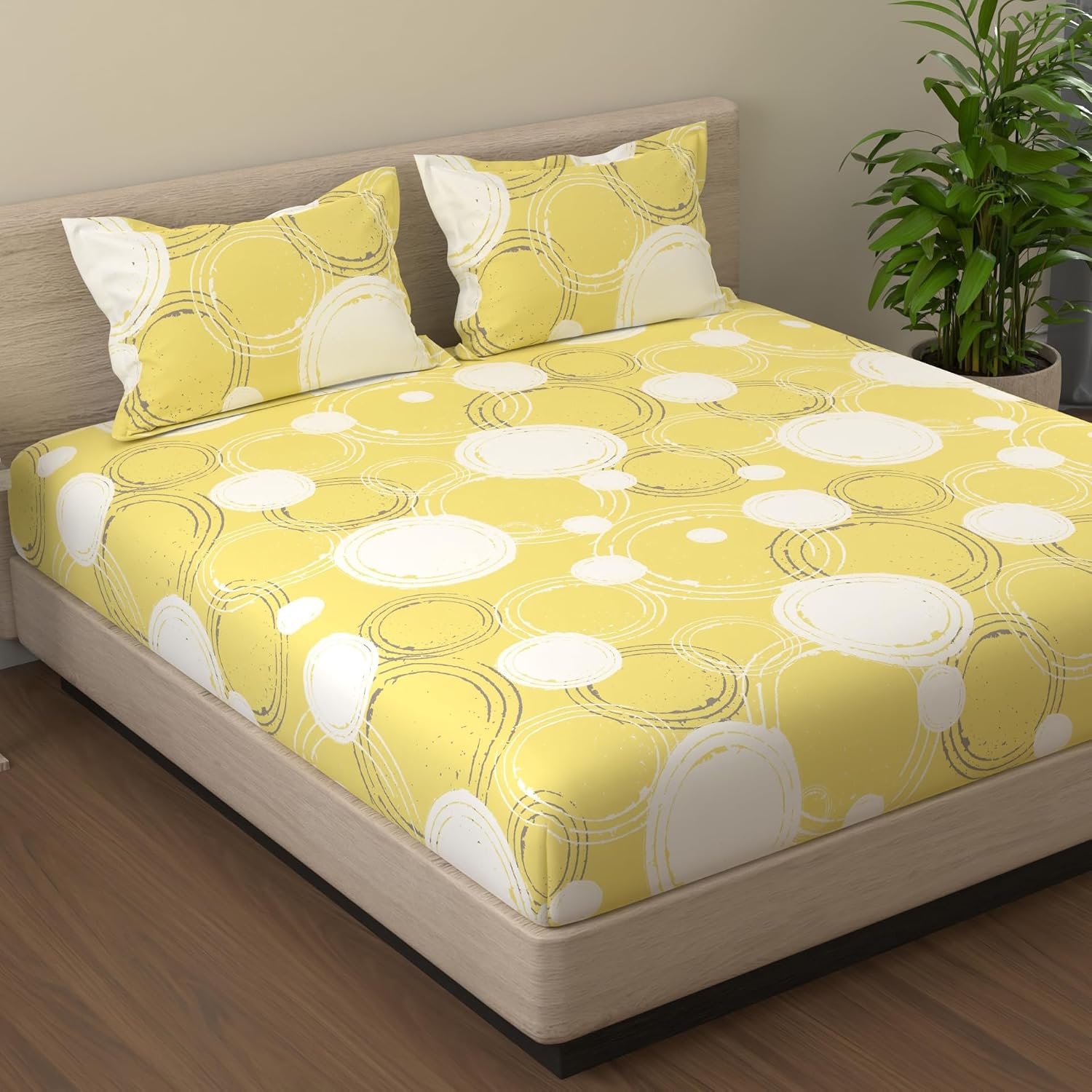 1 King Bedsheet With 2 Pillow Covers - 108 X 108 Inches, Yellow | Beautiful Print & Luxury Look Bedsheet | Cotton Bedsheet Is Naturally Comfortable