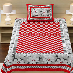100% Cotton Single Bed Sheet With 1 Pillow Cover - 56 X 86 Inches, Grey & Red | Super Soft Microfiber, Breathable Wrinkle, Fade Resistant