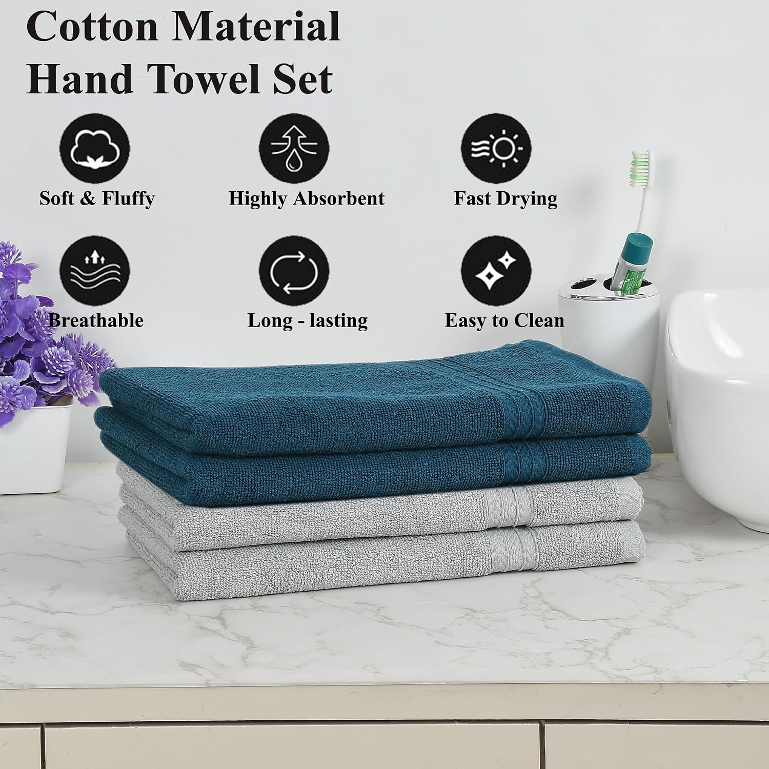 Fresh From Loom Luxury Fur Collection Hand Towel 500 Gsm Napkins Cotton High Absorbency Double Stitched Size (Denim & Light Grey) - Set Of 4