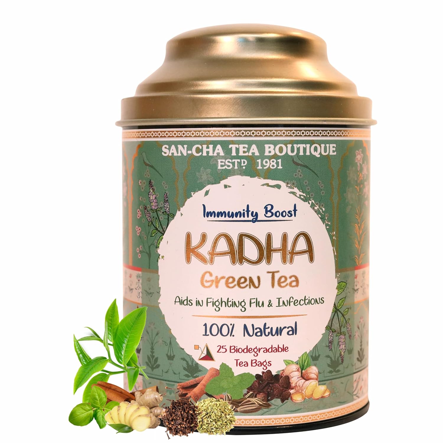 San-Cha Kadha Green Tea - 25 Biodegradable Tea Bags | Aids In Fighting Flu & Infections - Environment Friendly & Made In Corn Fiber | Caffeine Free - Blended With Real Herbs & Spices