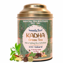 San-Cha Kadha Green Tea - 25 Biodegradable Tea Bags | Aids In Fighting Flu & Infections - Environment Friendly & Made In Corn Fiber | Caffeine Free - Blended With Real Herbs & Spices