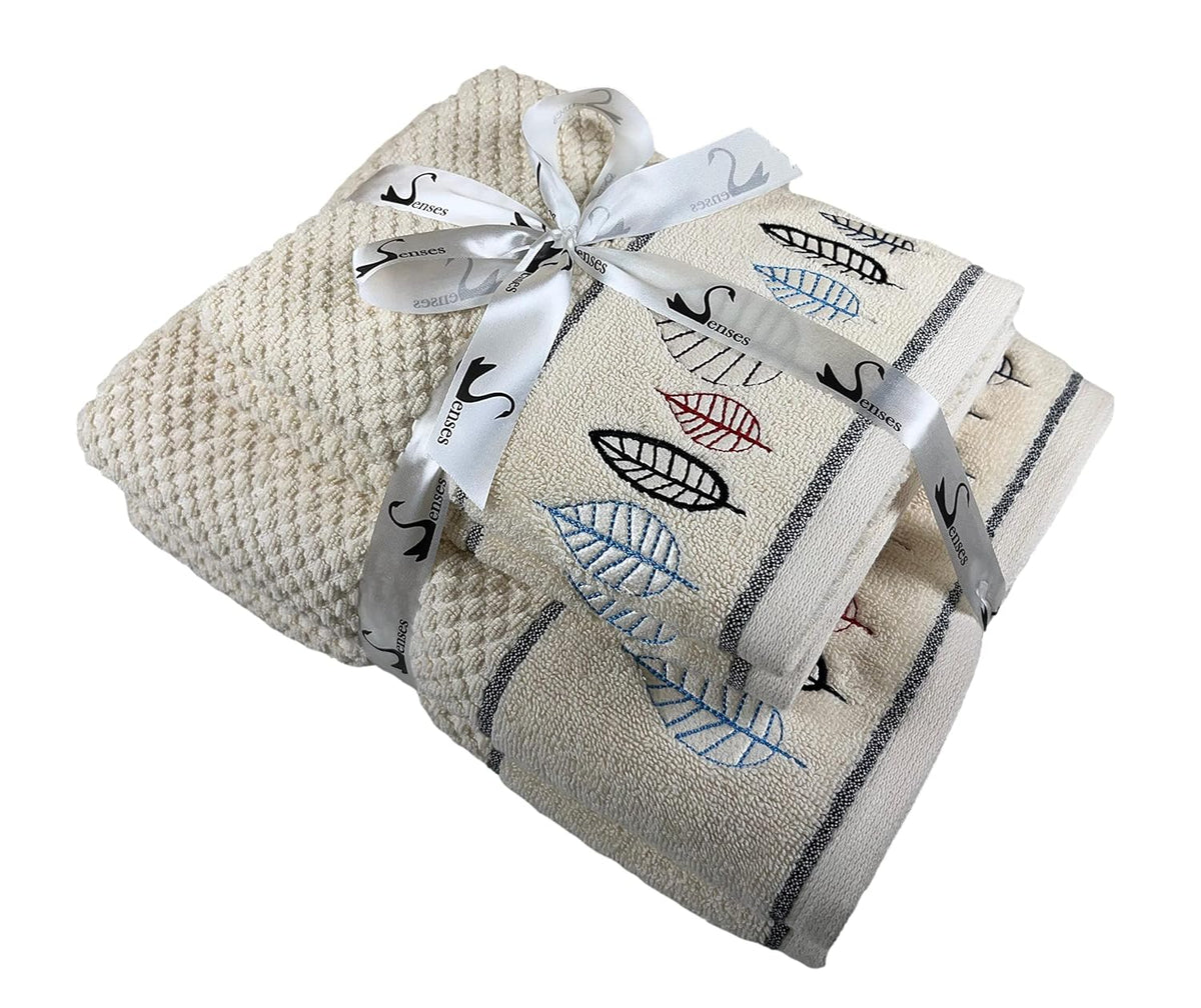 Senses By Riba All Cotton 550 Gsm Embroidered Bath Towel Set | Quick Drying, Highly Absorbant Bath Towel | Pack Of 4- 2pcs Bath + 2pcs Hand Towels (Ivory)