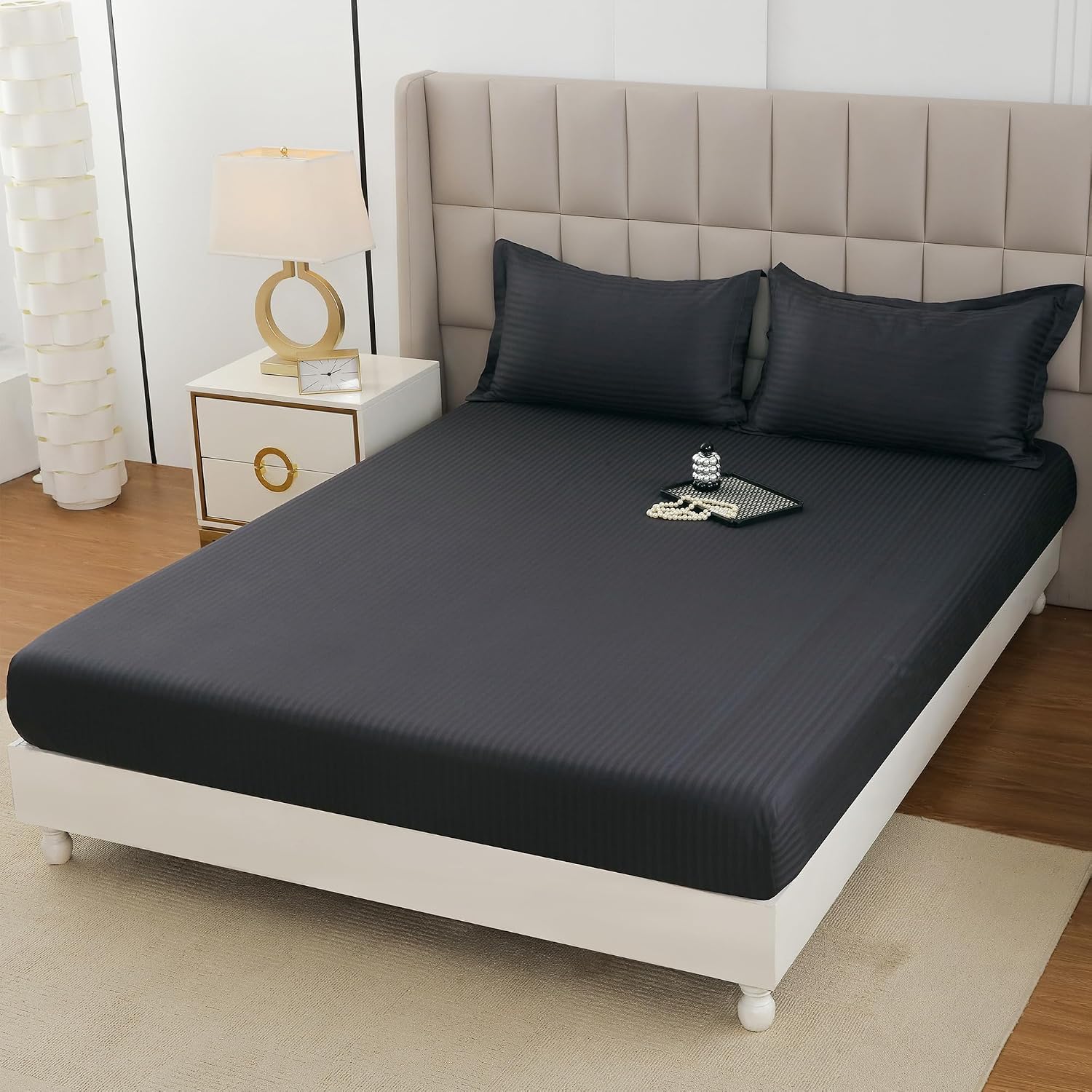 Stripes King Size Cotton Bedsheet With 2 Pillow Covers - 108 X 108 Inches, Dark Grey | Perfect For Home Decor, Guest House | Ideal For All Seasons
