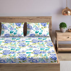 King Size For Double Bedsheet Elastic Fitted With 2 Pillow Cover - 72 X 75 Inches, White & Blue | Lightweight & Breathable, For Bedroom & Gifting Bedsheet