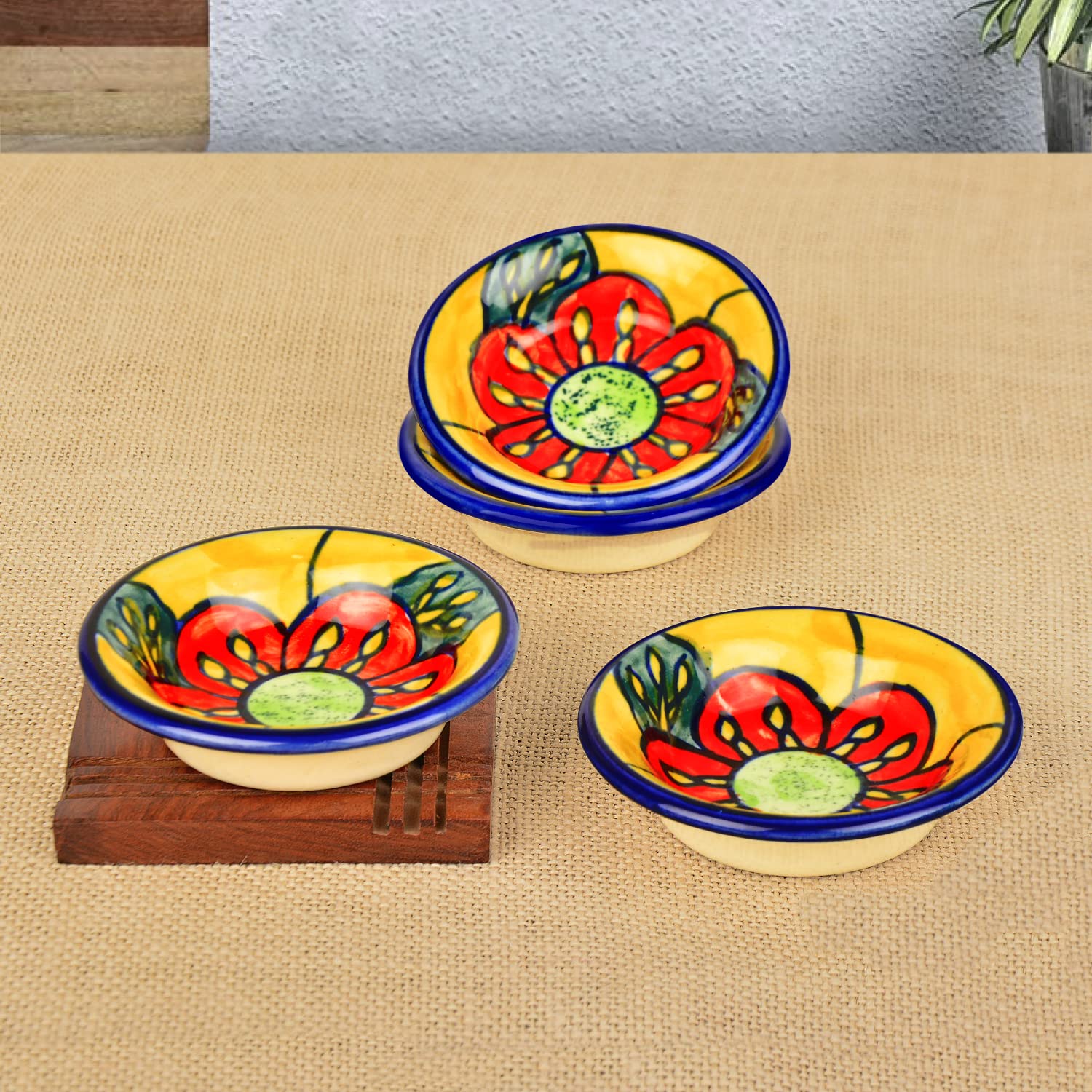 Hand Painted Floral Round Ceramic Dip Bowls Set Of 4 - Multicolor | Chutney Bowls - Ketchup Bowls