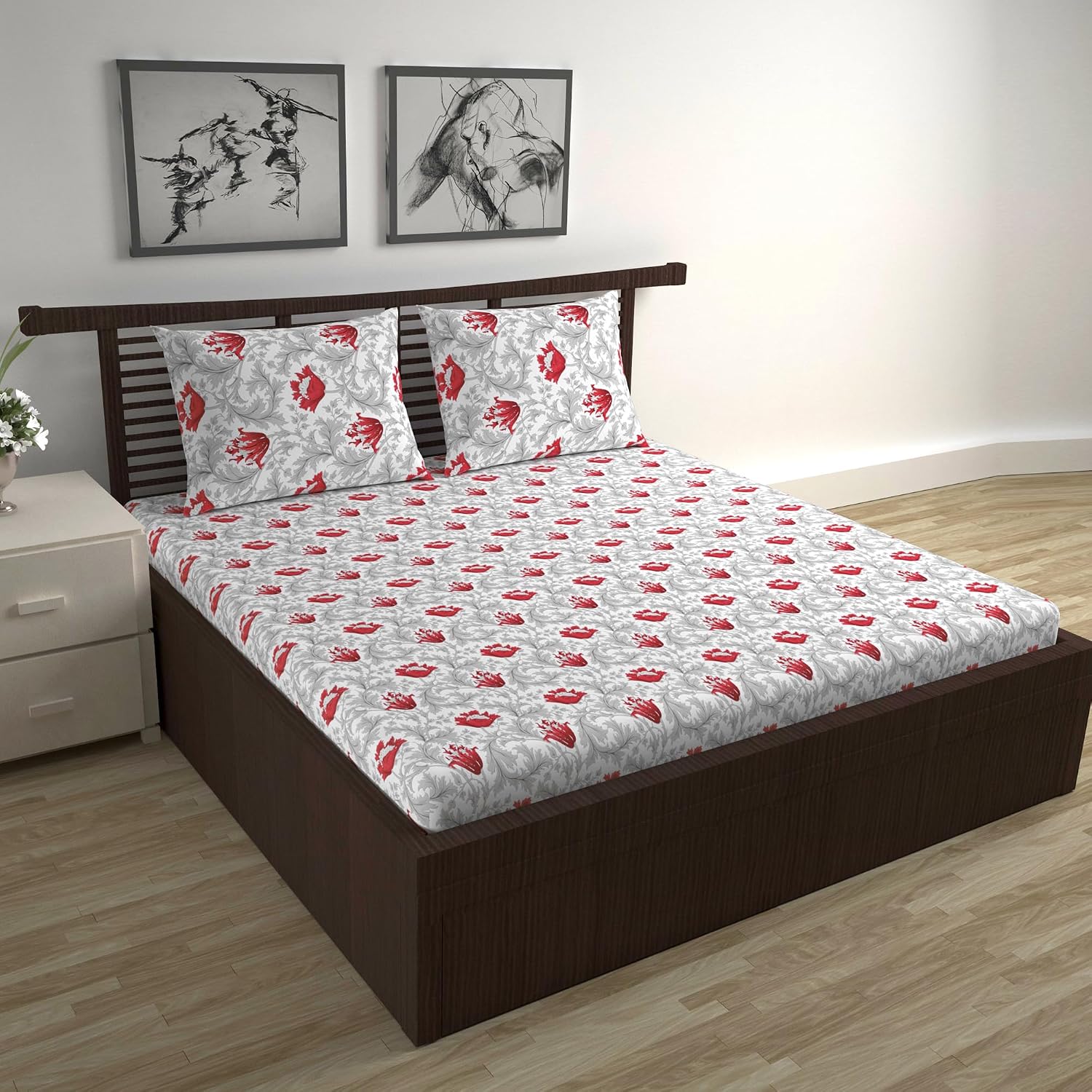 Cotton Double Bedsheet With 2 Pillow Covers - 87 X 100 Inches, Grey & Red | Smooth & Comfortable For Daily Use - All Weather Coziness & Bedroom Style